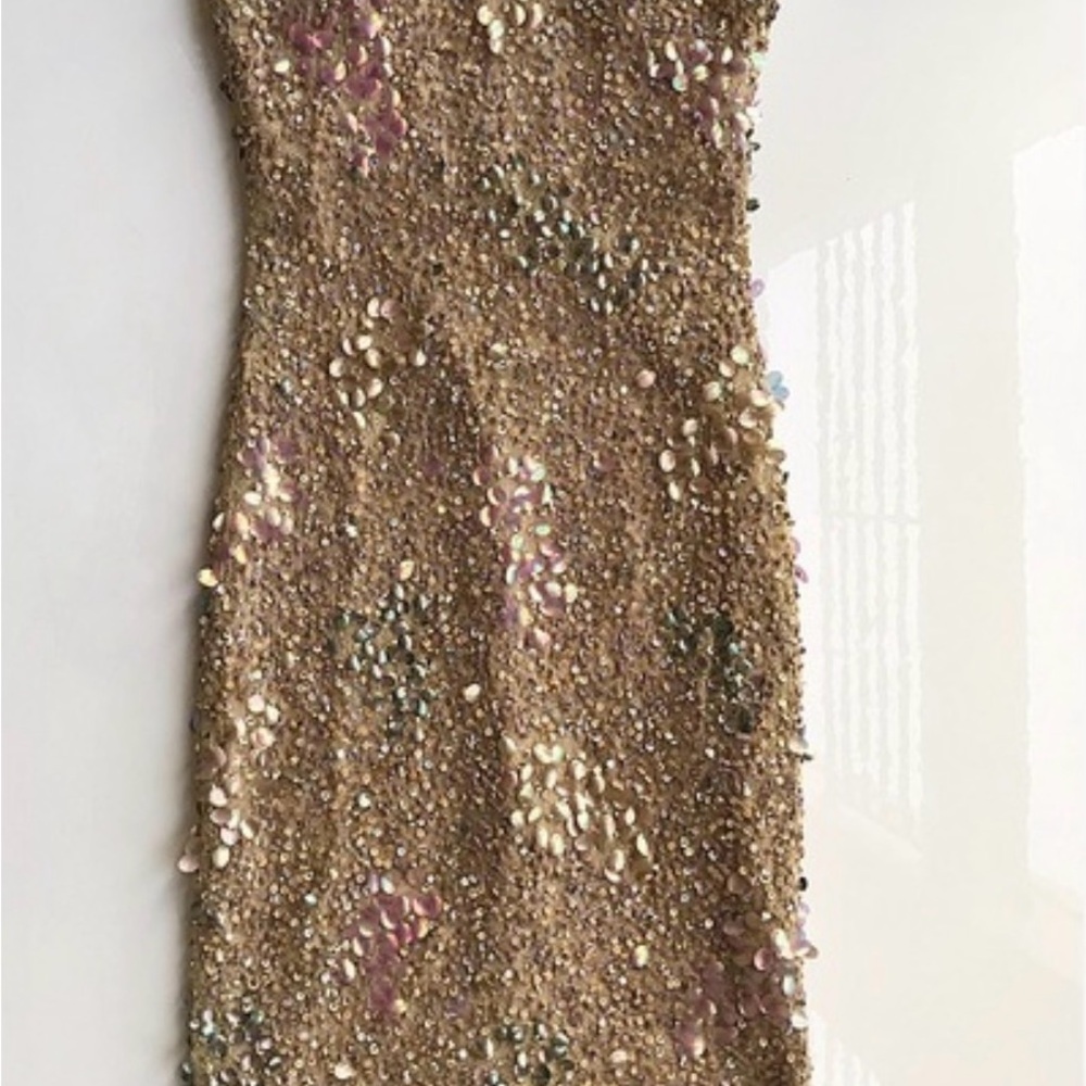 Badgley Mischka Strapless Sequin Dress - Gold and Pink